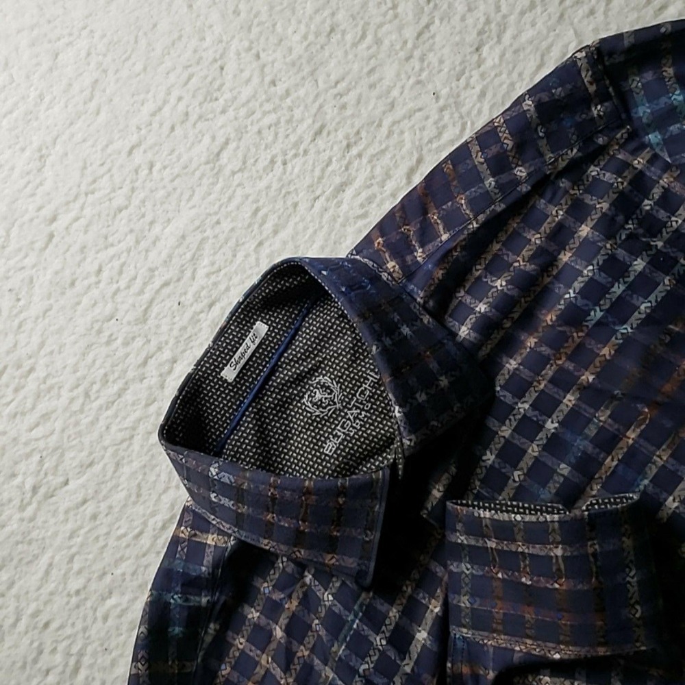 Bugatchi Shirt Mens Medium Blue Plaid Long Sleeve Slim Fit Button-Up Casual